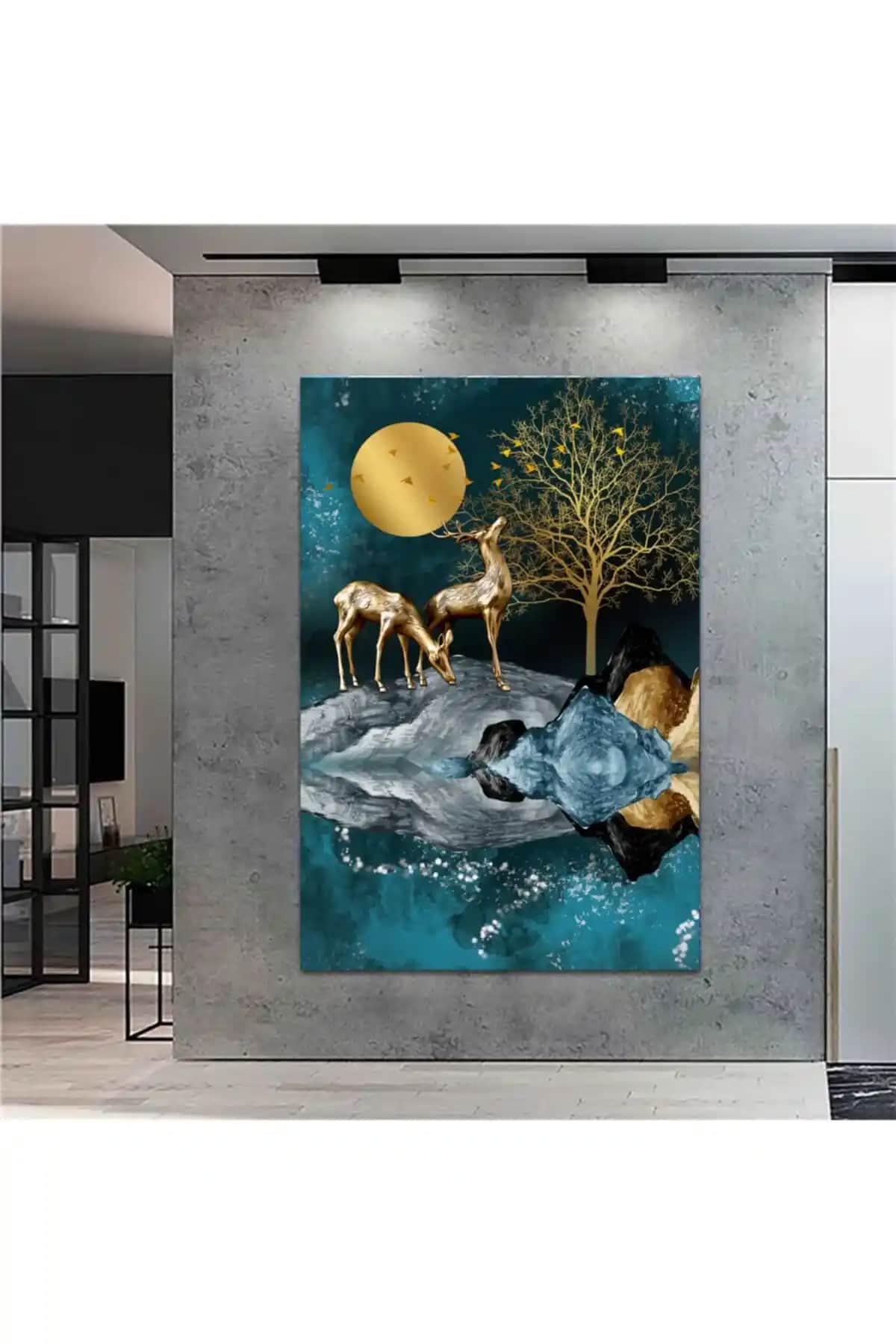 Sebenta Altın Dokulu Geyik Manzara Kanvas Tablo Modern İç Mekân Dekoru İçin Uygun