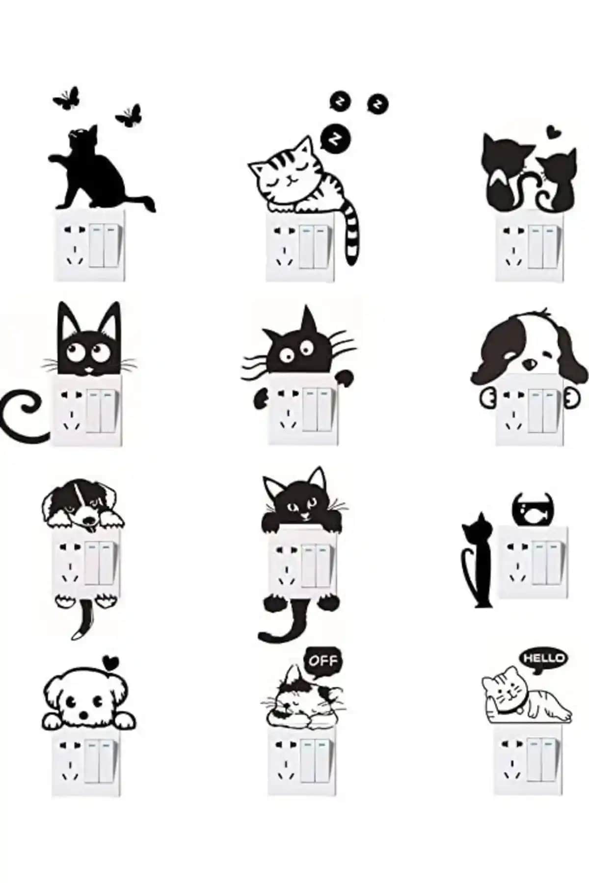 Sim Tasarım 12'li Kedi Priz Sticker Seti Çocuk ve Bebek Odaları İçin Renkli Dekorasyon Alternatifi