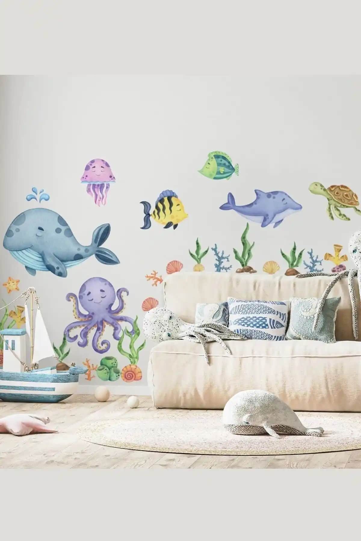 Sim Tasarım Sm358 Bebek Deniz Canlıları Duvar Sticker Seti Çocuk Odası Dekorasyonu İçin