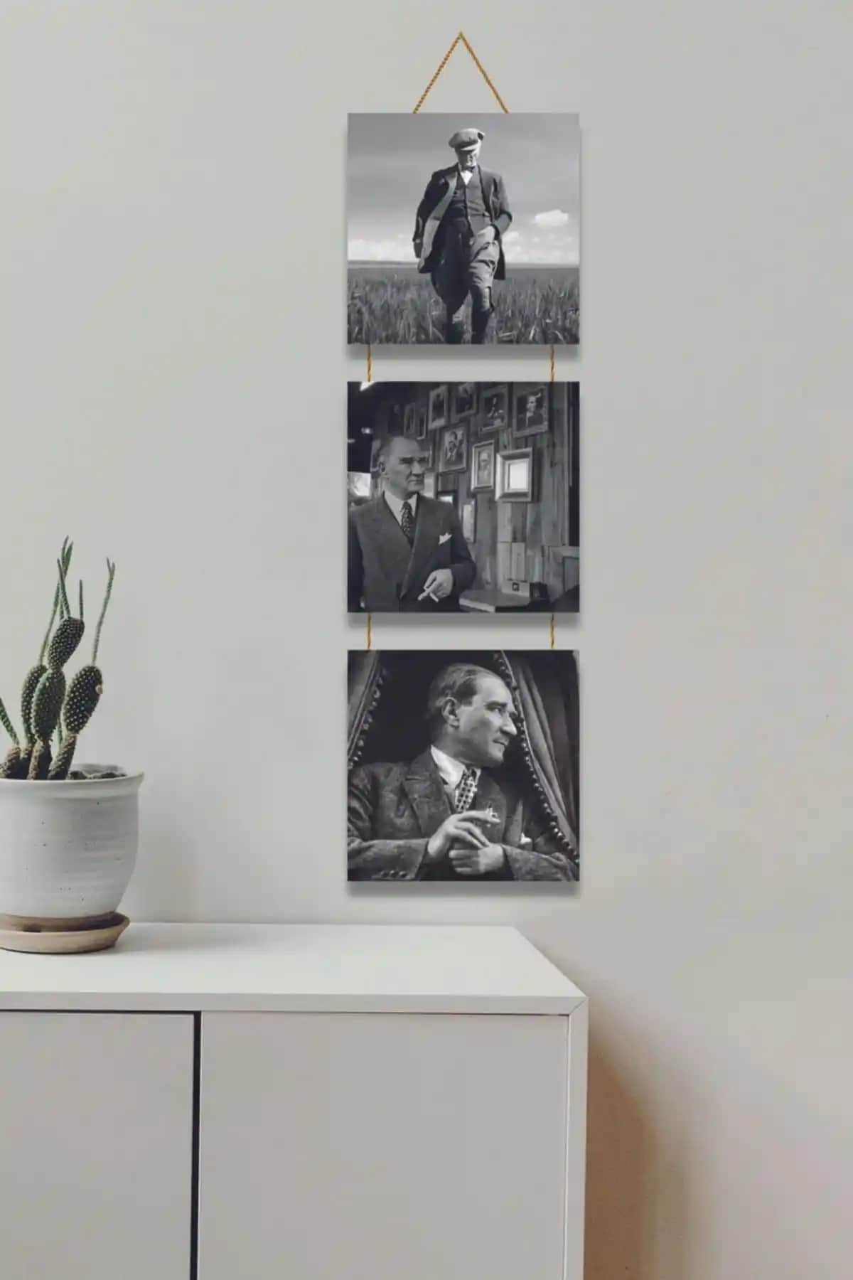 Teknograf Atatürk Baskılı 3 Parçalı Ahşap Tablo Modern Dekorasyon İçin Uygun