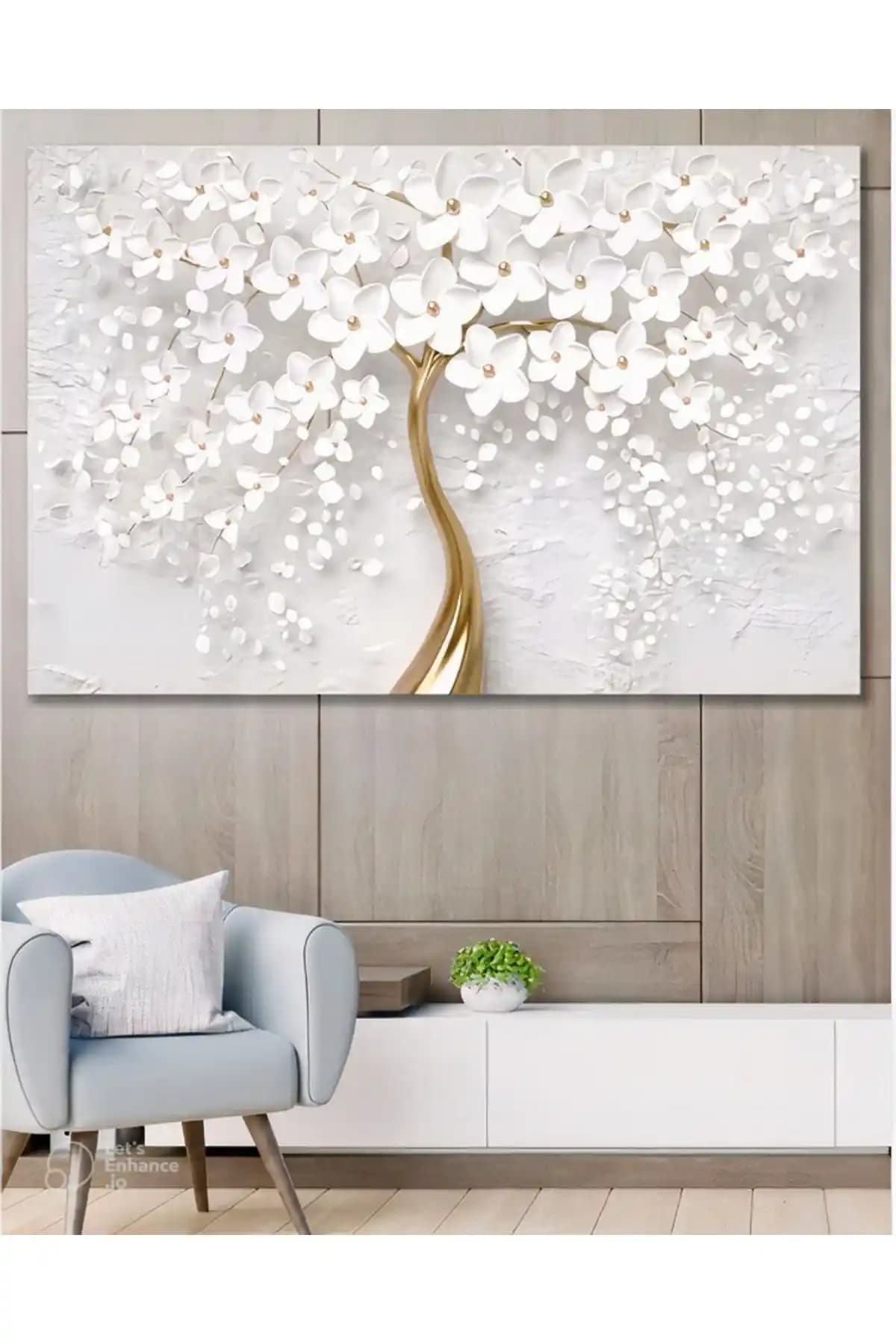TRADE AYS Gold İnci Ağaç Dekoratif Kanvas Duvar Tablo Modern ve Renkli Tasarım