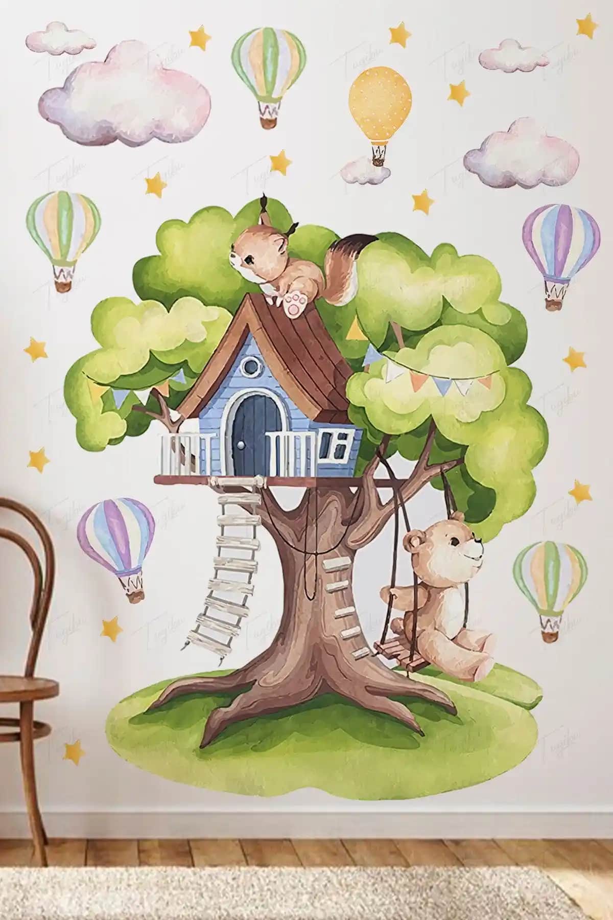 TUGİBU Ağaç Ev Çocuk Odası Duvar Sticker Renkli ve Eğlenceli Dekorasyon Seçeneği