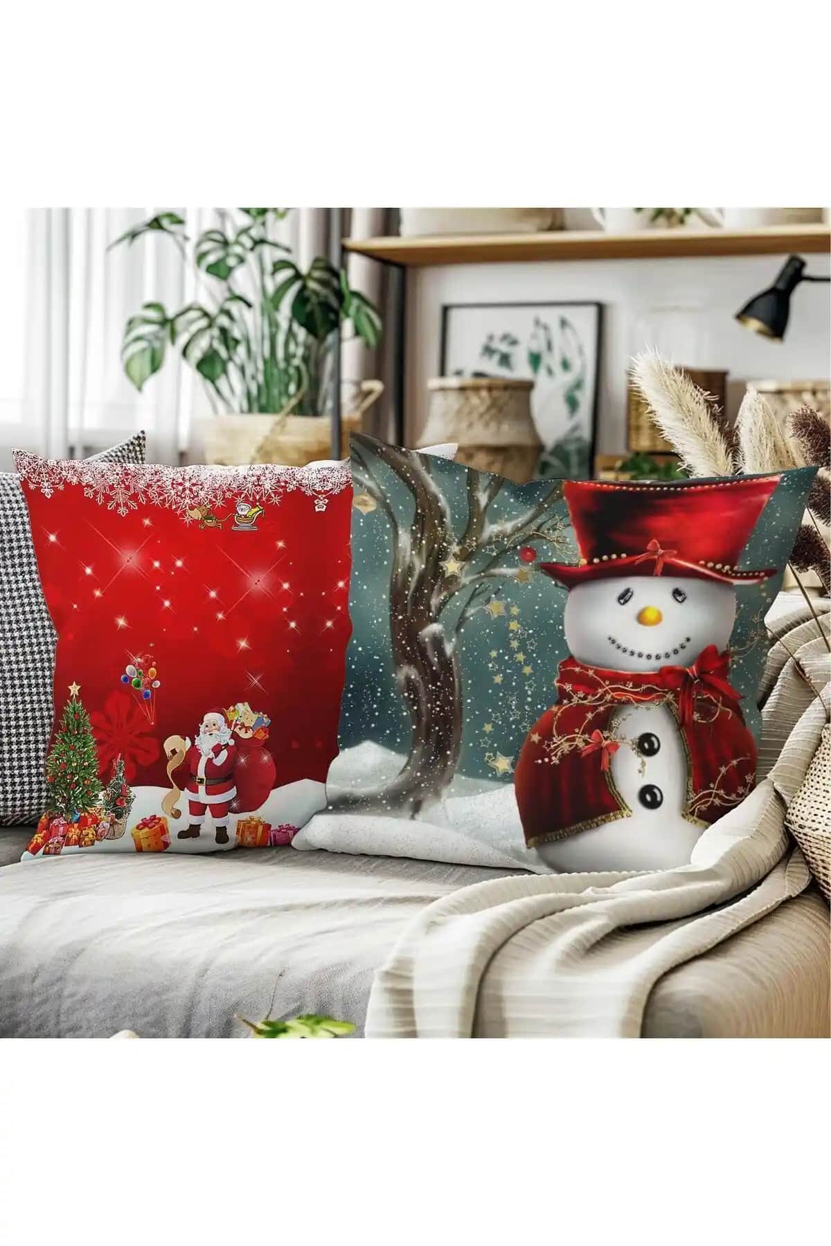 Yılbaşı Temalı 2'li Kardan Adam ve Noel Baba Desenli Kırmızı Beyaz Dijital Baskı Kırlent Kılıfı Seti