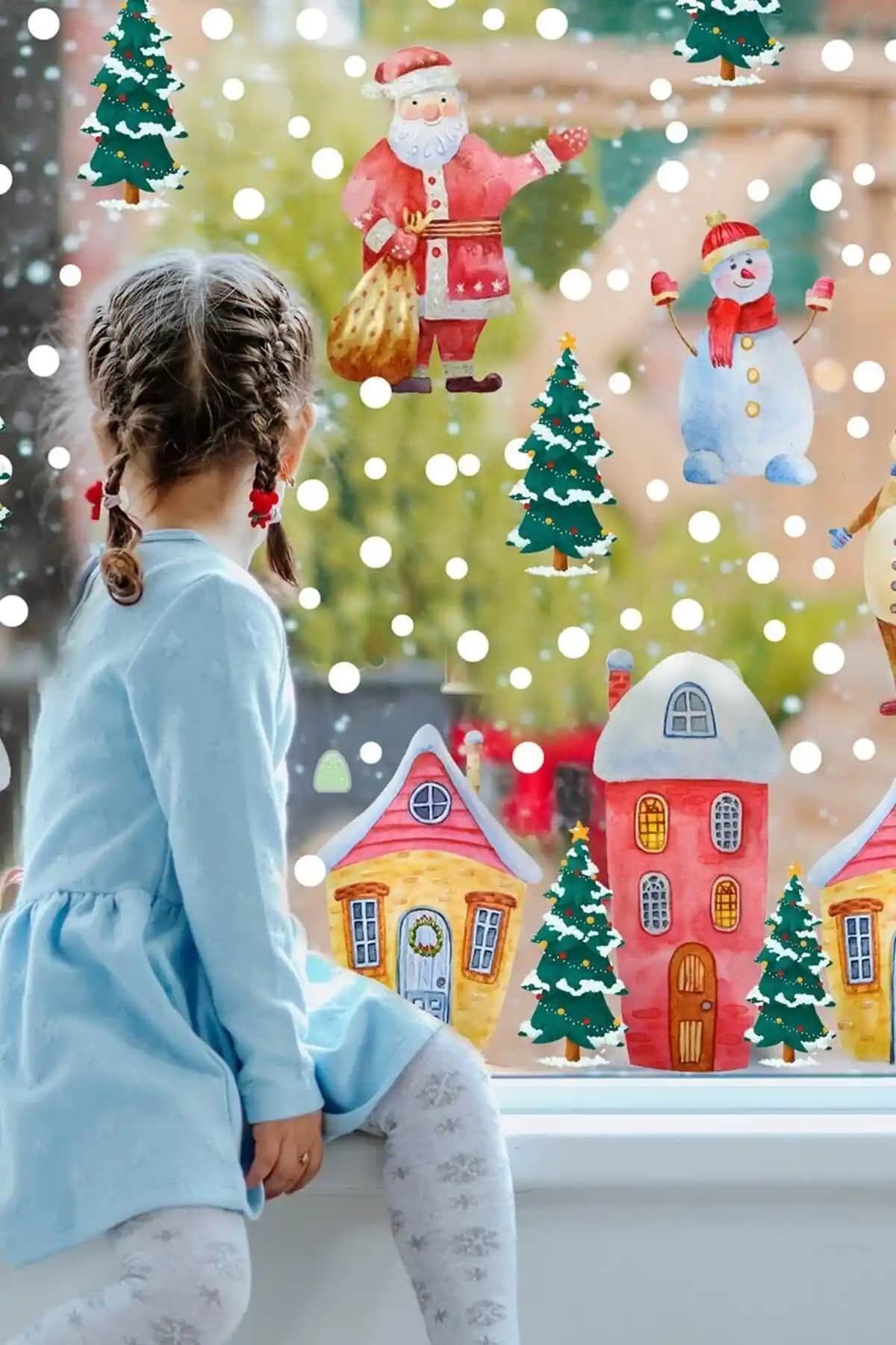 Yılbaşı Temalı Çocuk Odası Dekor Sticker Seti Karlar Yağışlı Şehir Tasarımı