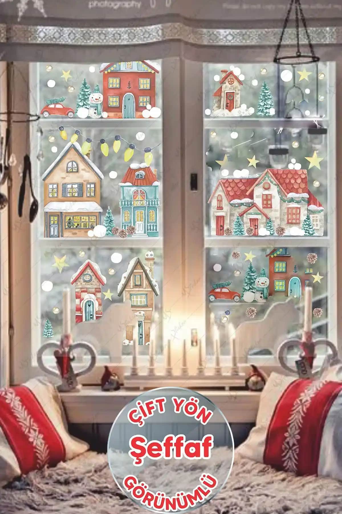 Yılbaşı Temalı Şeffaf Karlı Şehir Sticker Seti Çocuk ve Bebek Odası Dekorasyonu