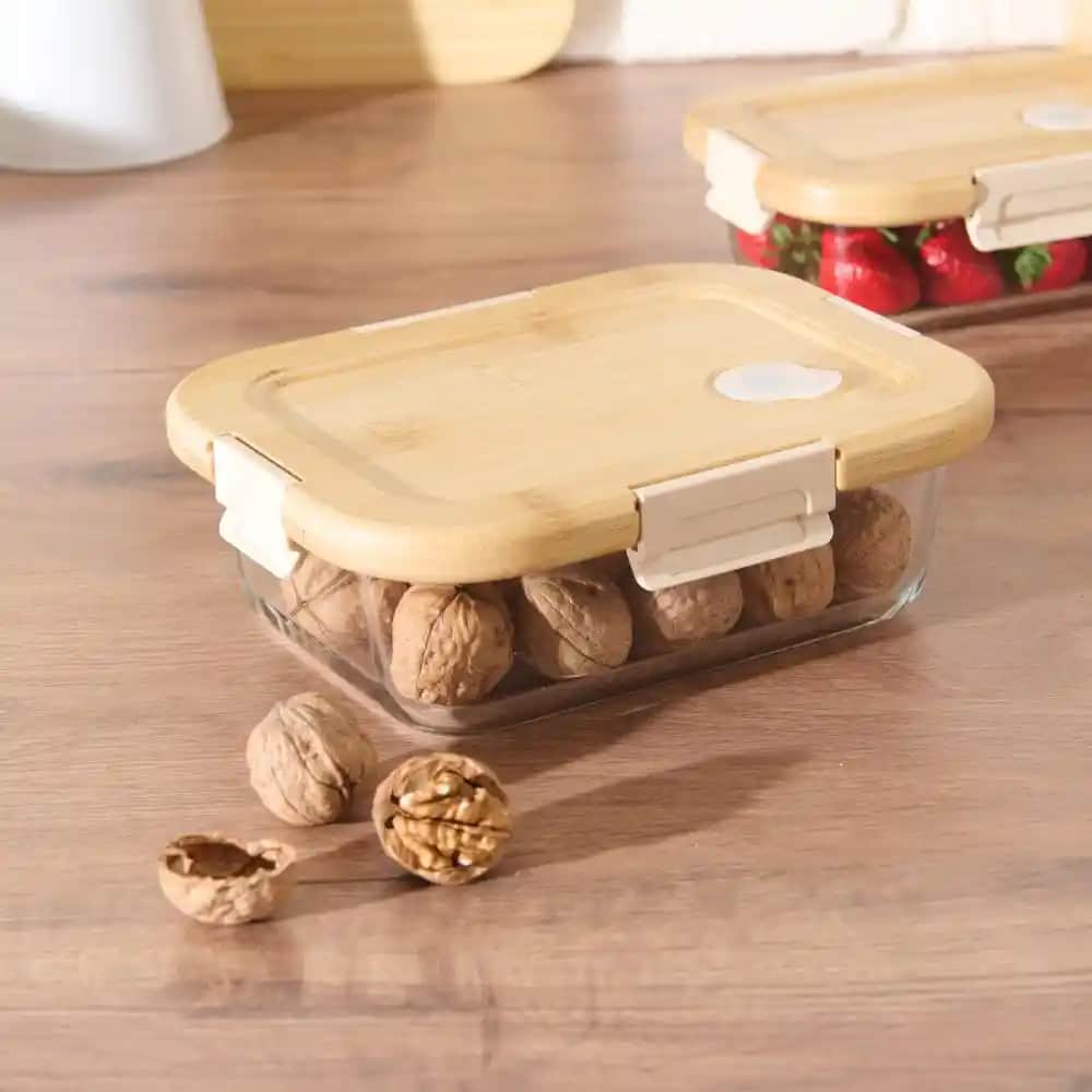 Bambu Kapaklı Cam Saklama Kabı: Modern ve Sürdürülebilir Mutfak Dekorasyonu İçin İdeal Tercih