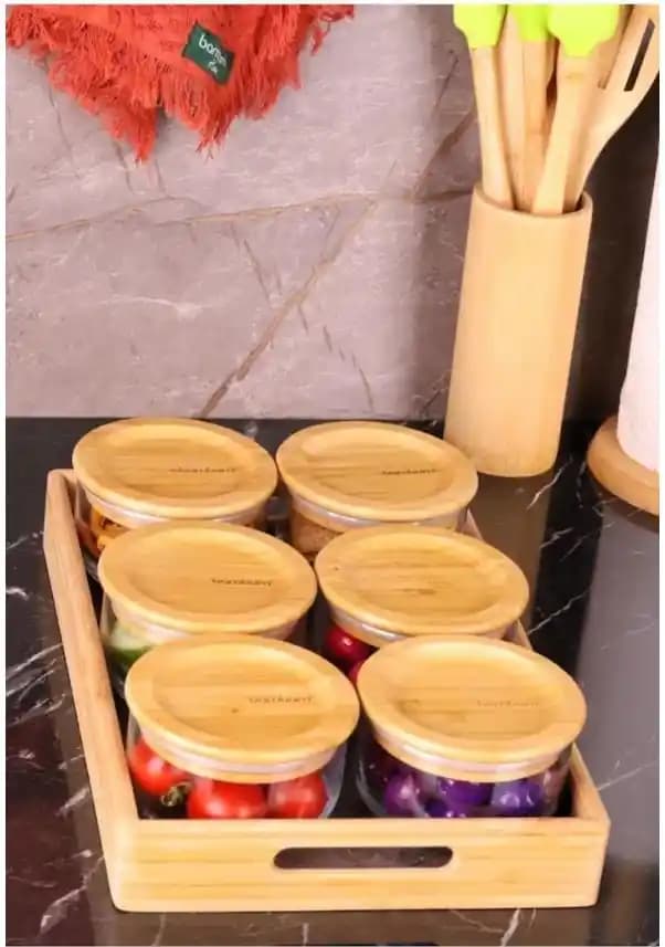 Bambum Duo 300 ml 6'lı Tepsili Bambu Kapaklı Cam Kahvaltılık Seti Modern ve Şık Tasarım