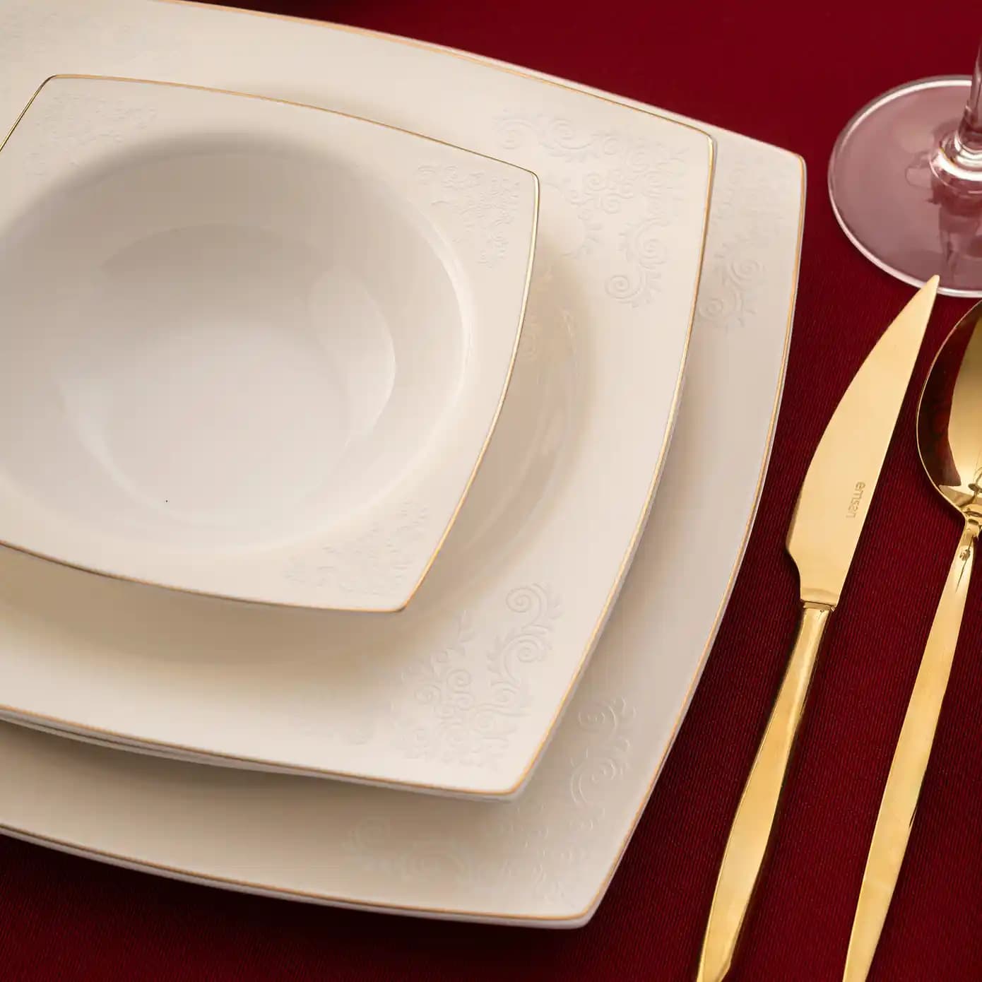 Emsan Sedef Fine Bone 60 Parça Kare Yemek Takımı 12 Kişilik Modern ve Dayanıklı