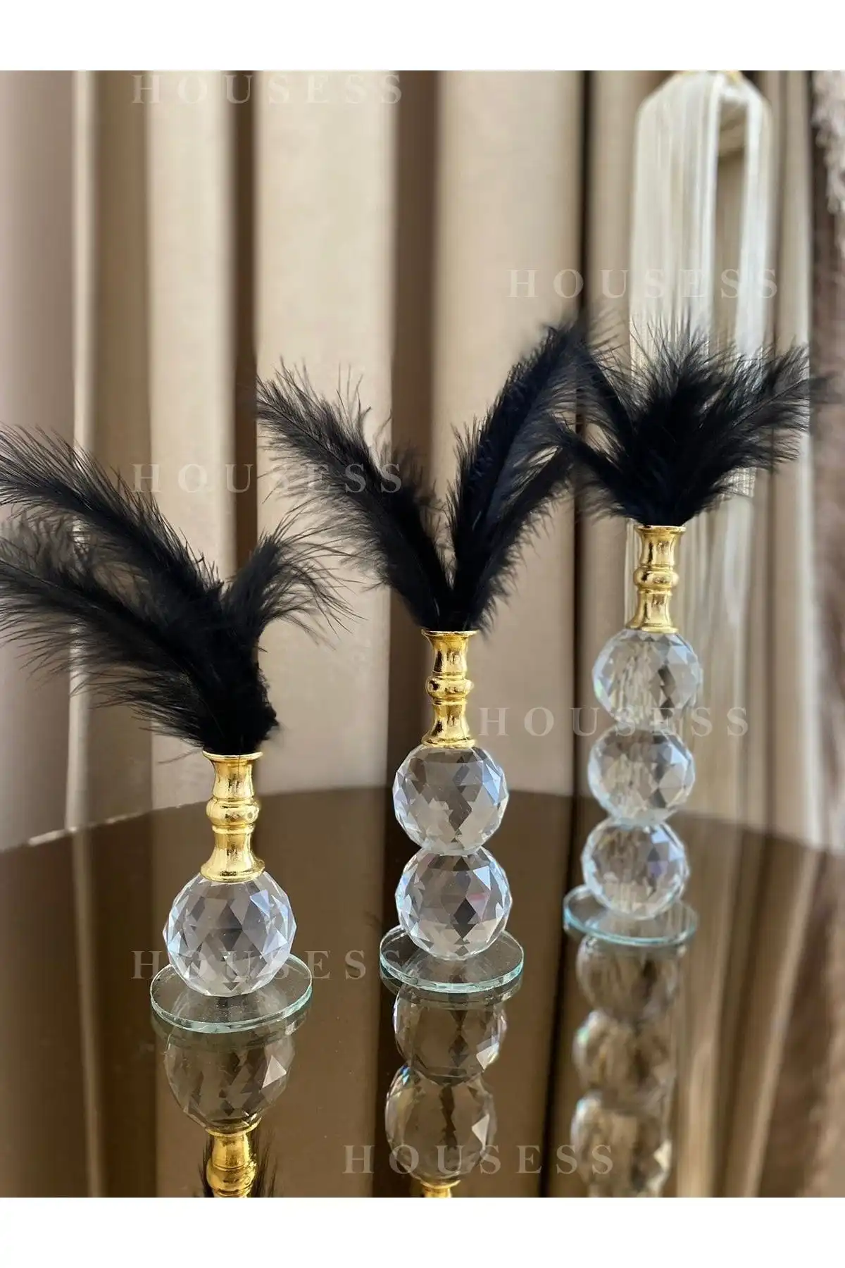 Housess 3'lü Siyah Tüylü Gold Kristal Top Tüylük Dekor Biblo Süs - Modern İç Mekan Decor