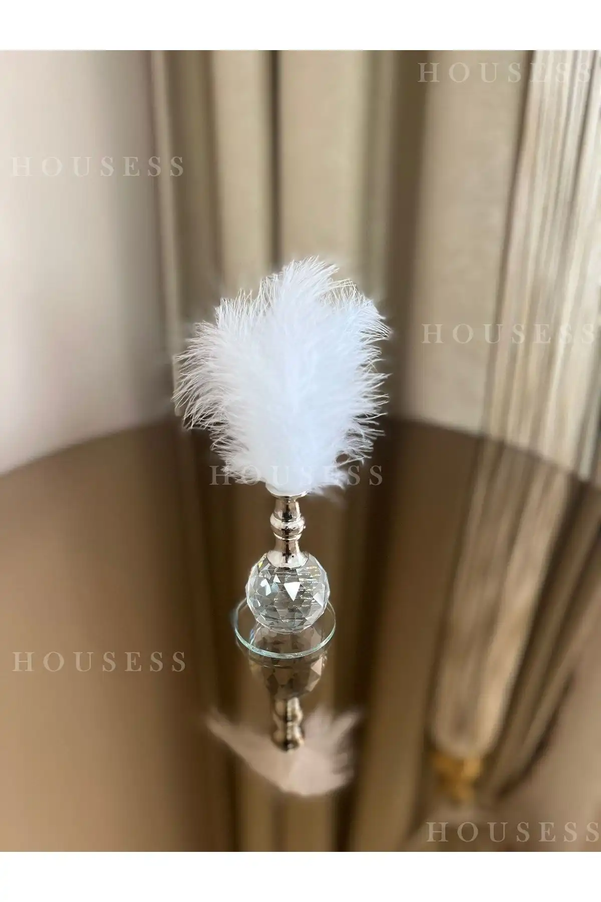 Housess1 Beyaz Tüylü Gümüş Kristal Dekor Biblo - Modern Ev Aksesuarı