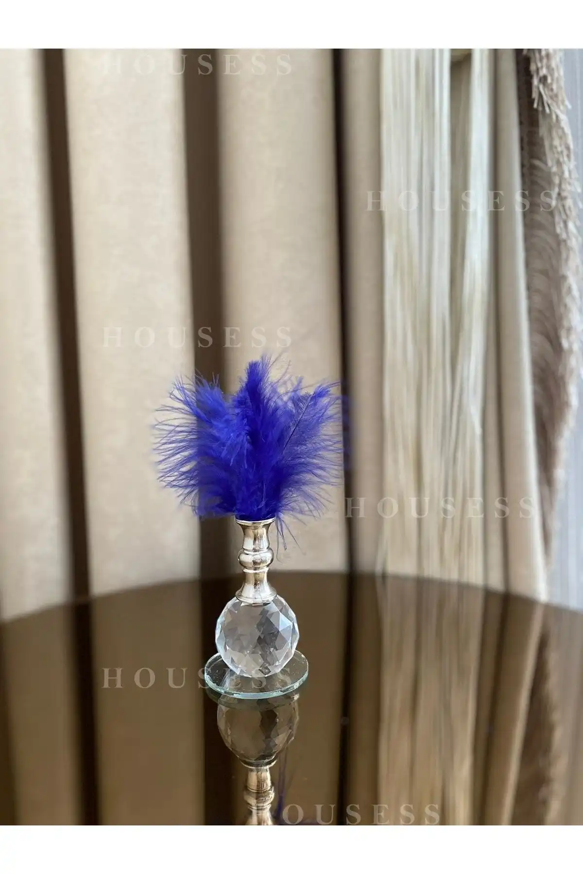 Housess1 Mavi Tüylü Gümüş Kristal Top Dekor Biblo: Modern Tasarım