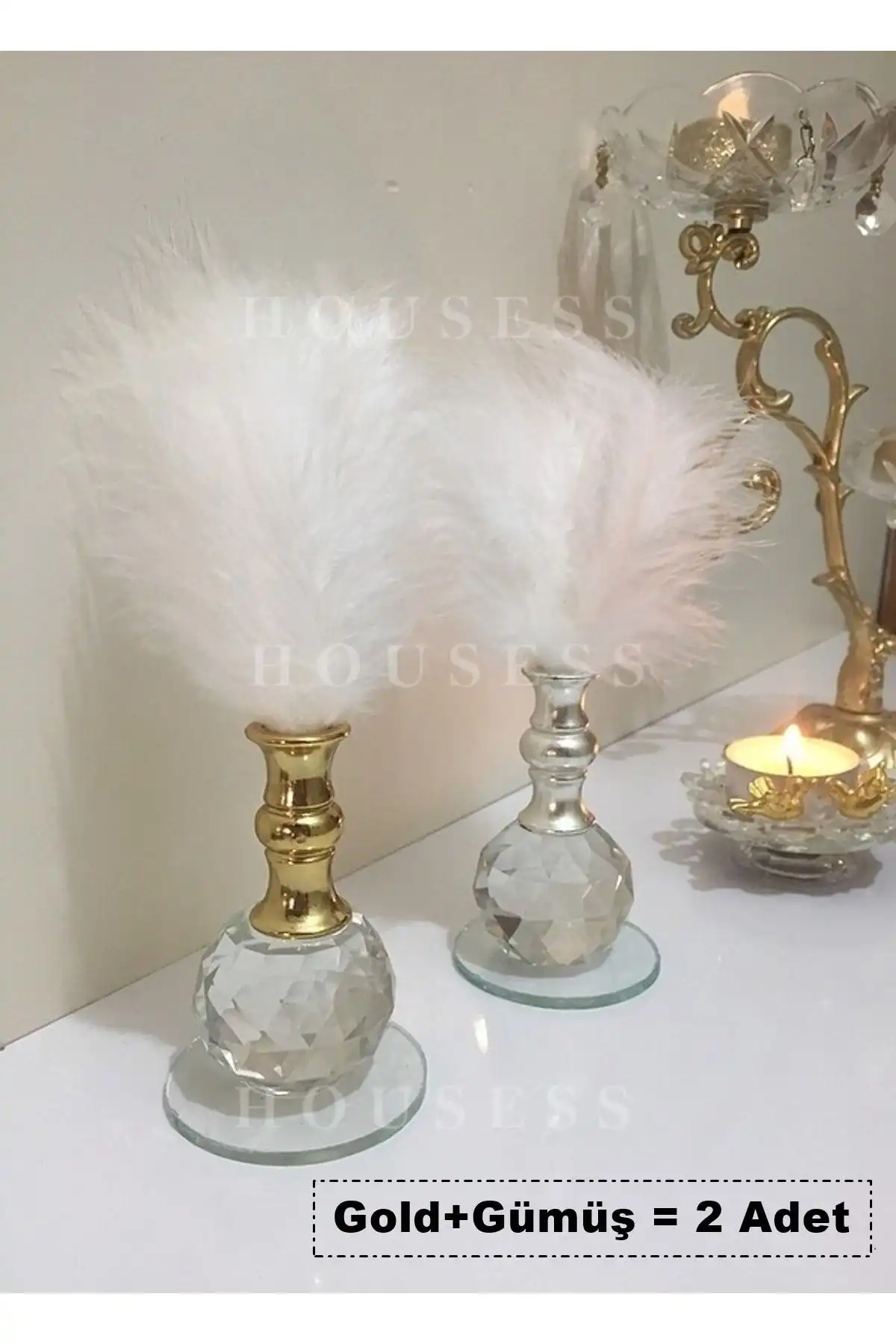 Housess Beyaz Tüylü Gold ve Gümüş Kristal Dekoratif Biblo