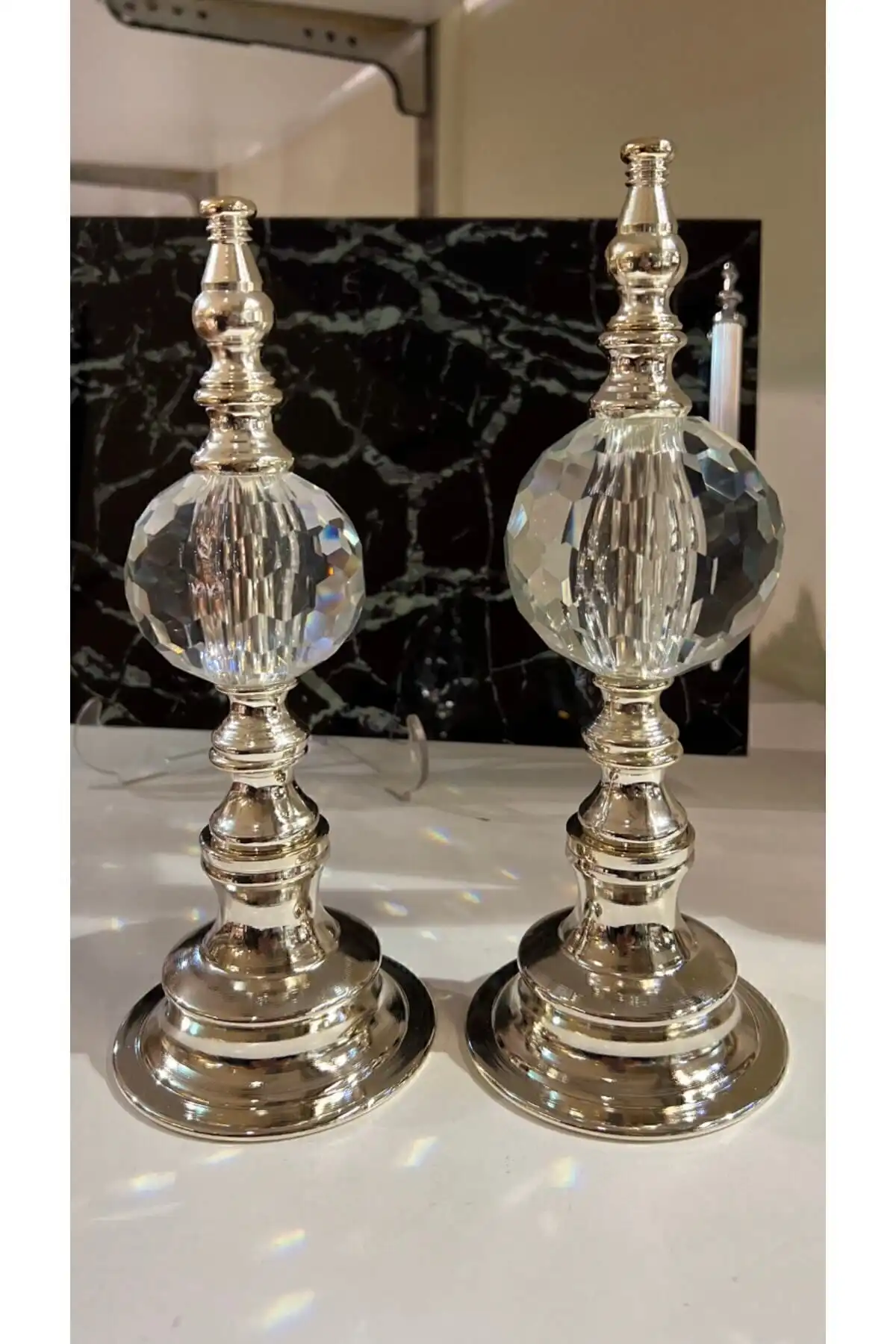 Modern Estetik için Mercee 2 Li Kesme Kristal Gümüş Cam Süs Eşyası