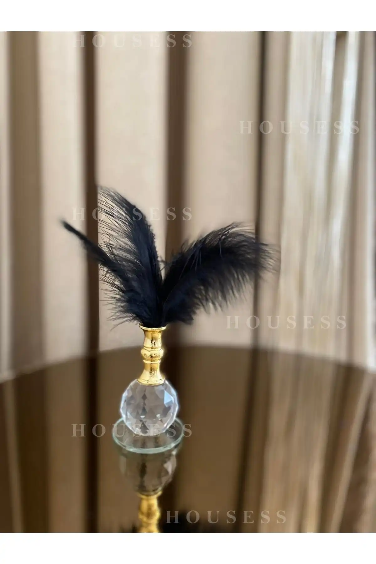 Housess1 Siyah Tüylü Gold Kristal Top Biblo ile Modern Dekorasyon