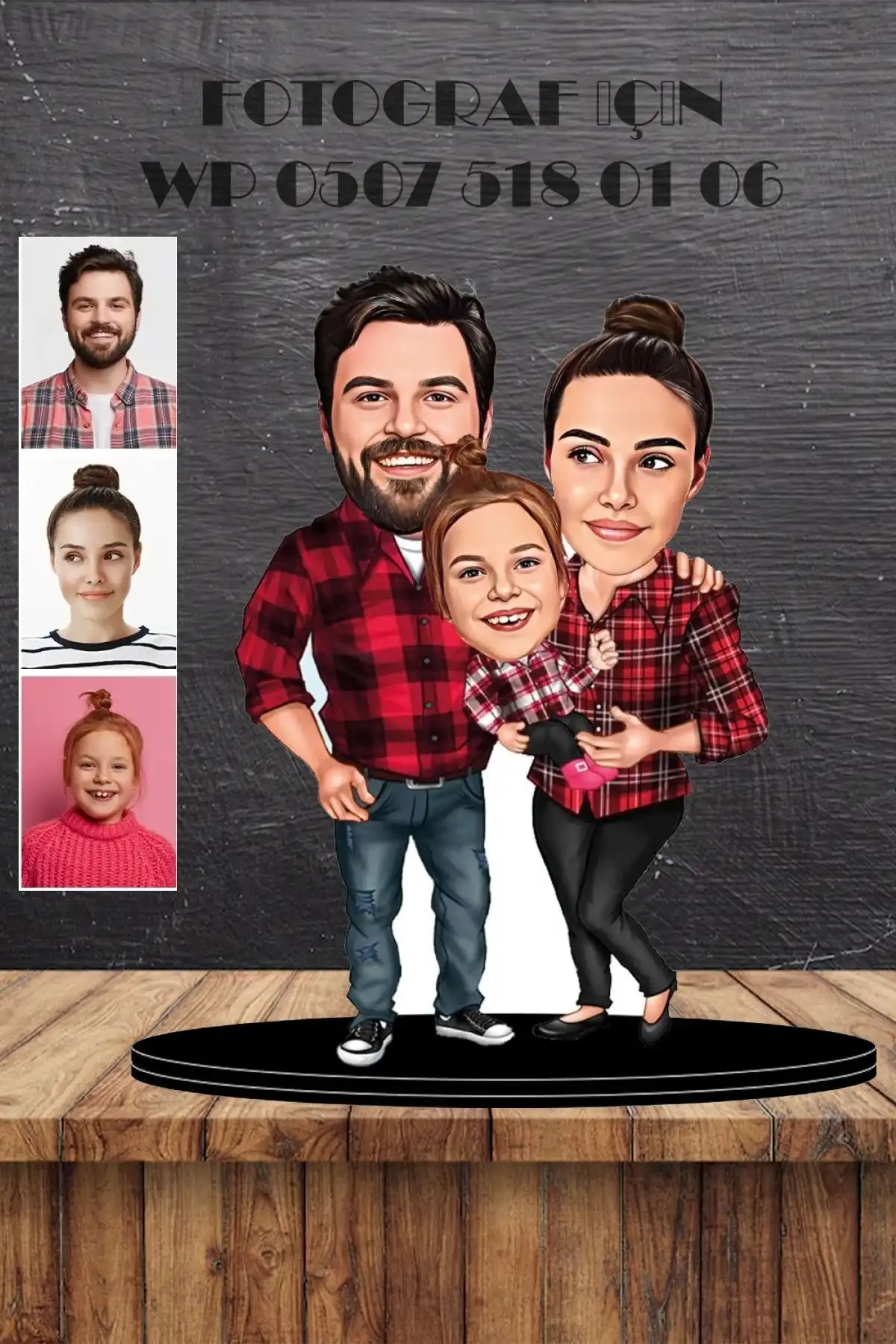 Kişiye Özel Aile 1 Karikatürlü 3D Ahşap Biblo - Wonderlike