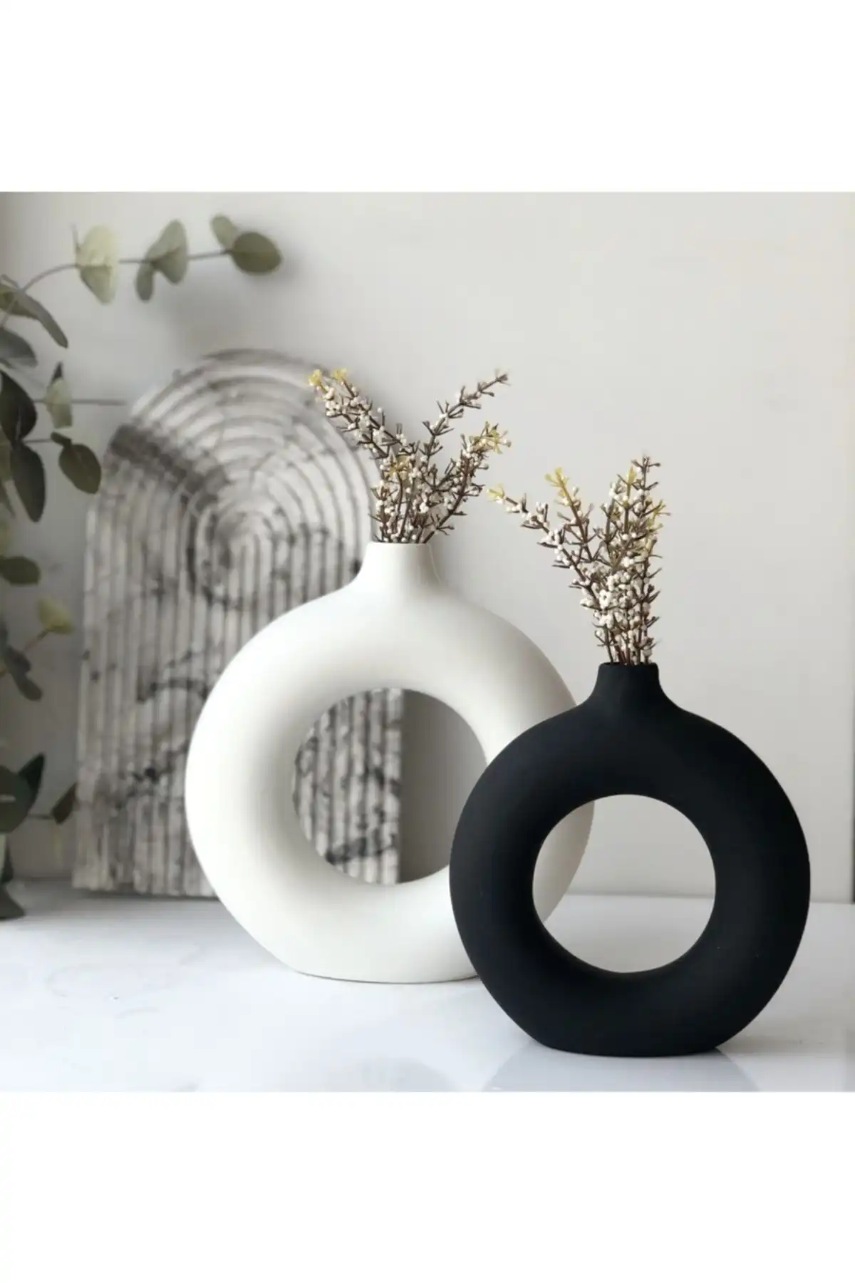 Thiramis Homeconcept Siyah ve Beyaz Halka Vazo Seti - El Yapımı ve Modern