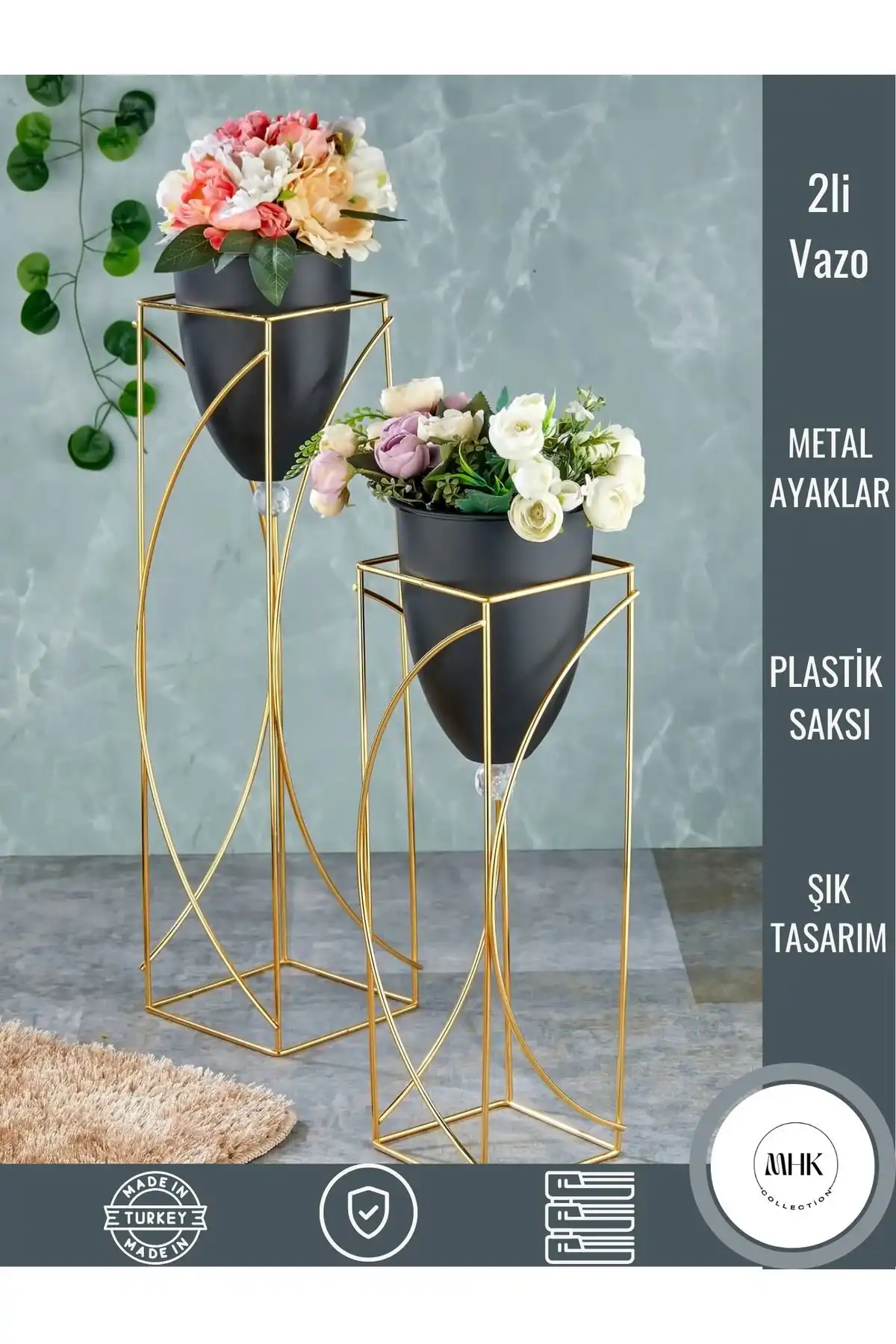 MHK Collection Metal Siyah Dekoratif Ayaklı Saksı Seti ile Modern Tasarım