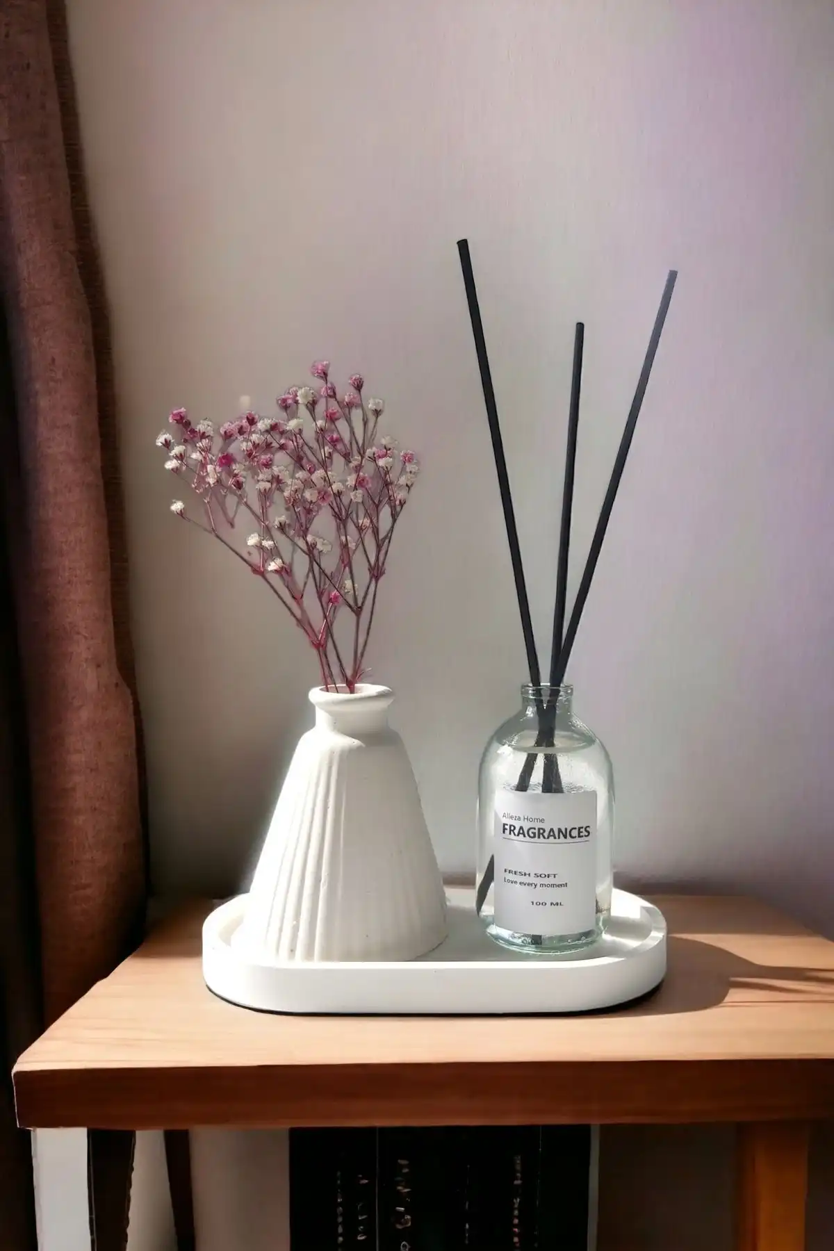 ALLEZA HOME Dekoratif Pampas Kuru Çiçek Vazo ve Oda Kokusu Seti