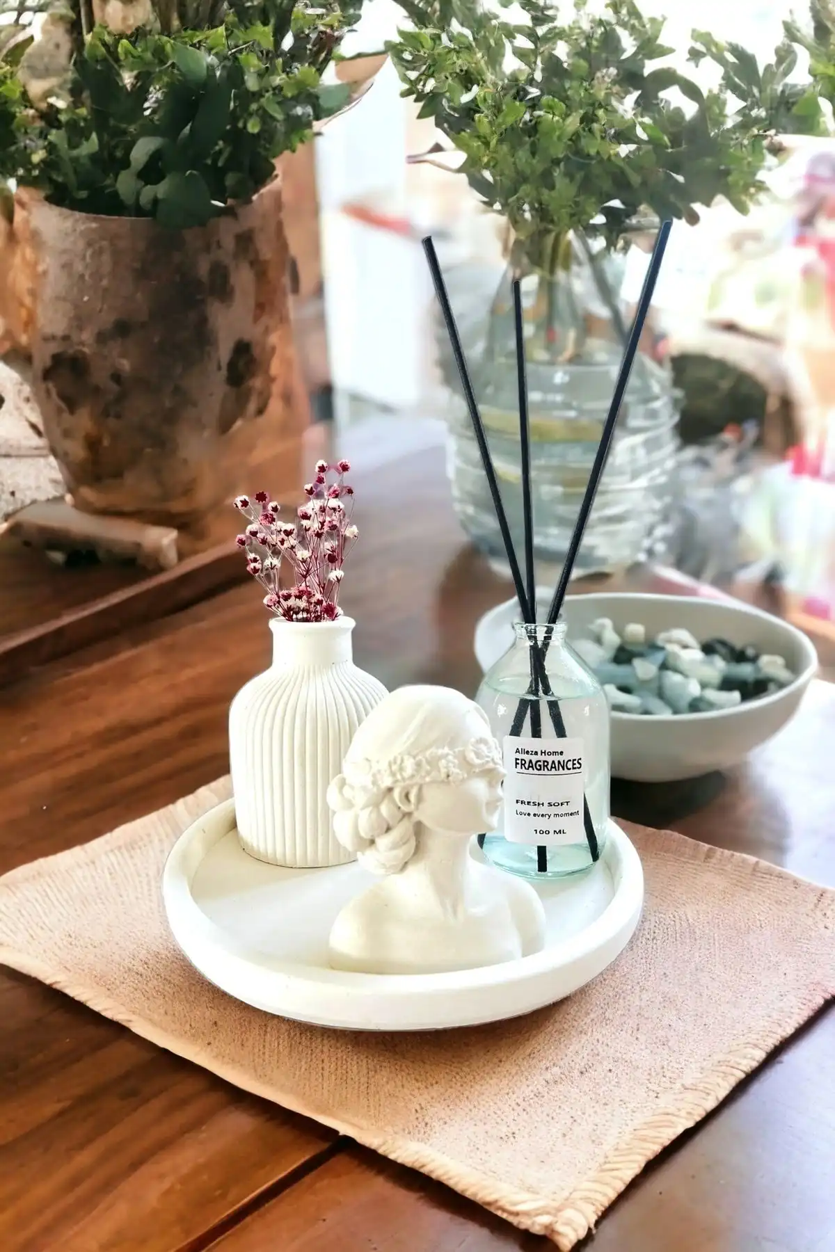 ALLEZA HOME Dekoratif Çizgili Kuru Çiçek Pampas Vazosu Seti ile Modern Dekorasyon